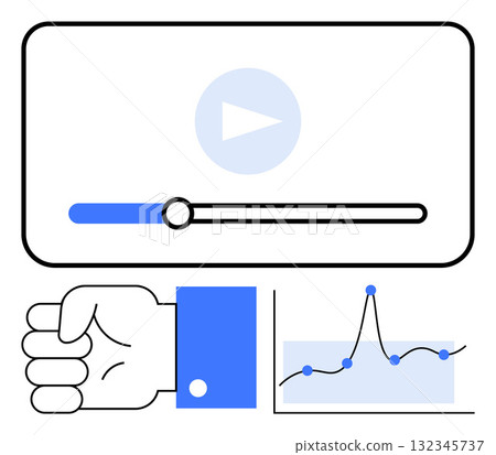 Video player interface with progress bar hand gesture, and graph. Ideal for media analysis, digital growth, user engagement, technology trends, data interpretation, innovation. Line metaphor Video player interface with progress bar hand gesture, and graph. Ideal for media analysis, digital growth, user engagement, technology trends, data interpretation, innovation. Line metaphor 132345737