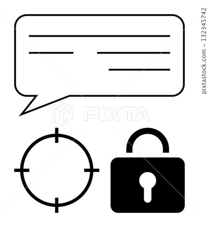 Speech bubble with lines, target symbol, and lock icon in simple black and white design. Ideal for themes of communication, focus, security, messaging, goals protection and privacy. Line metaphor 132345742