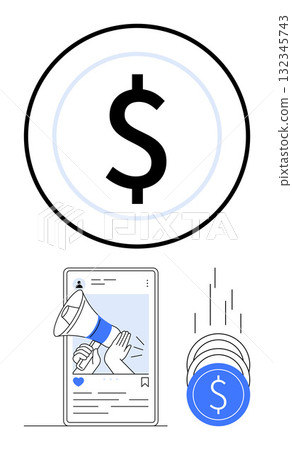 Dollar sign, megaphone on a smartphone screen, and coins depict marketing, social media promotions, and revenue. Ideal for online businesses, digital marketing strategies, eCommerce, social media 132345743