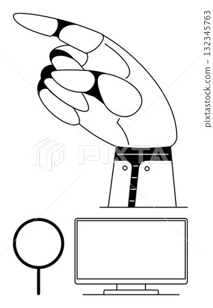 Hand pointing with index finger above computer monitor and magnifying glass. Ideal for technology, search, guidance, navigation, analysis, instruction, and education concepts. Line metaphor 132345763