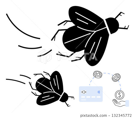 Two flies in flight, winding paths, a credit card, and currency symbols. Ideal for finance, transactions, e-wallets, currency exchange digital banking investment fraud awareness. Line metaphor 132345772
