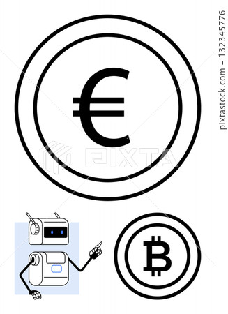 Euro and Bitcoin coins robot character pointing, simple design. Ideal for financial technology, digital currency, investments, robotics, AI, future tech, education. Line metaphor Euro and Bitcoin coins robot character pointing, simple design. Ideal for financial technology, digital currency, investments, robotics, AI, future tech, education. Line metaphor 132345776