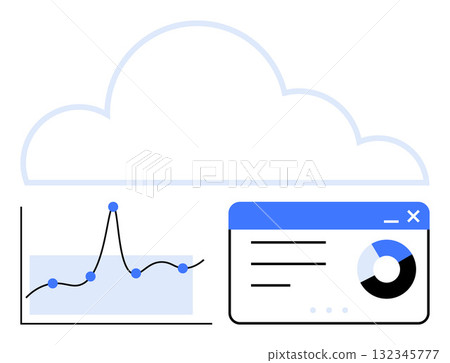Cloud, chart with a blue graph line, a blue and gray pie chart. Ideal for data analysis, business growth, technology integration, cloud computing, strategic planning, digital transformation Cloud, chart with a blue graph line, a blue and gray pie chart. Ideal for data analysis, business growth, technology integration, cloud computing, strategic planning, digital transformation 132345777