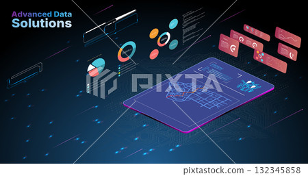 The scene features advanced data solutions displayed on a tablet. Interactive charts, graphs, and a digital map appear in a futuristic setting, highlighting technology and data visualization. The scene features advanced data solutions displayed on a tablet. Interactive charts, graphs, and a digital map appear in a futuristic setting, highlighting technology and data visualization. 132345858
