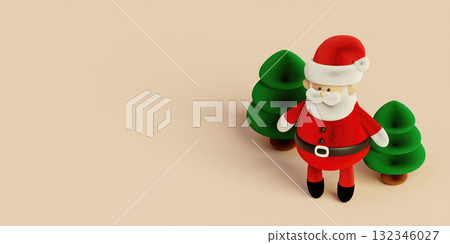 Christmas holiday celebration with Santa Claus and decorated evergreen trees. 3D render illustration Christmas holiday celebration with Santa Claus and decorated evergreen trees. 3D render illustration 132346027