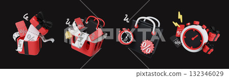 Black Friday gift shopping with vibrant bags and special offers. 3D render illustration Black Friday gift shopping with vibrant bags and special offers. 3D render illustration 132346029