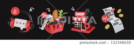 Black Friday customer service with shopping baskets and store promotions. 3D render illustration 132346030