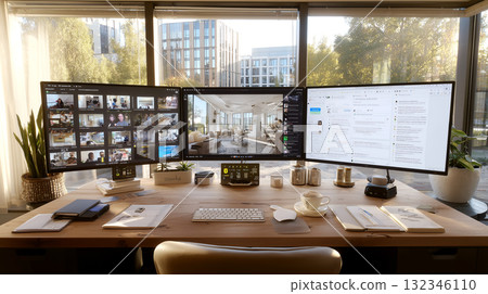 大窗邊擺放多台顯示器的辦公桌環境,線上會議、文件建立、資訊分享等都能同時有效率地完成。 大窗邊擺放多台顯示器的辦公桌環境,線上會議、文件建立、資訊分享等都能同時有效率地完成。 132346110