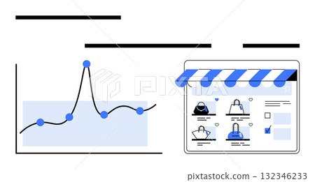 Graph with rising trend online shopping page with products, analytics. Ideal for business, e-commerce, marketing, sales strategy, data analysis, retail growth. Line metaphor Graph with rising trend online shopping page with products, analytics. Ideal for business, e-commerce, marketing, sales strategy, data analysis, retail growth. Line metaphor 132346233