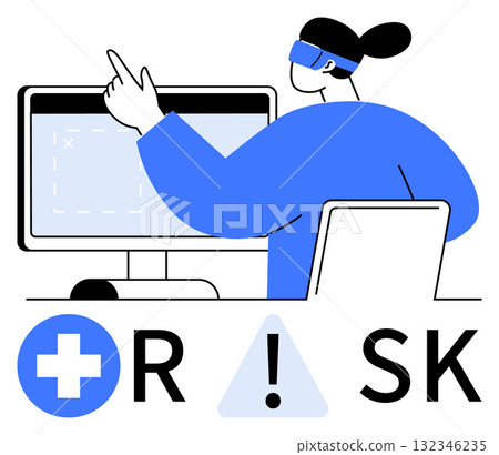 Person pointing at computer screen, analyzing data with a focus on minimizing risks. Ideal for business strategy, risk management, safety planning, data analysis, decision making, corporate training 132346235