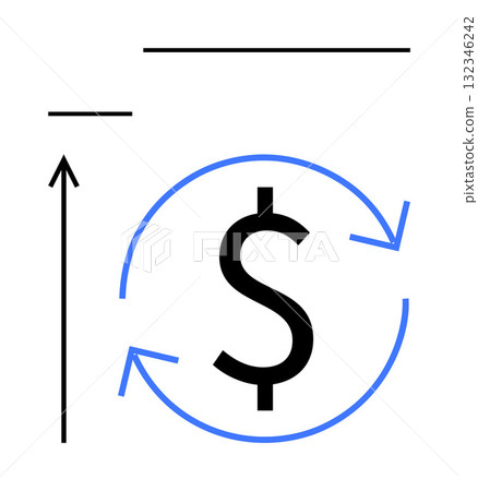 Dollar sign surrounded by blue circular arrows black upward arrow, horizontal lines representing growth, progress, money. Ideal for finance, economy, business strategies, investment, currency 132346242