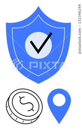 Blue shield with check mark in the center, coin with dollar sign, and location pin. Ideal for security, finance, insurance, location-based services, fintech navigation and protection themes. Line 132346244