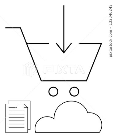 Shopping cart with download arrow above documents and cloud icon. Ideal for e-commerce, digital downloads, cloud storage, online shopping, data management, document storage, digital media. Line 132346245