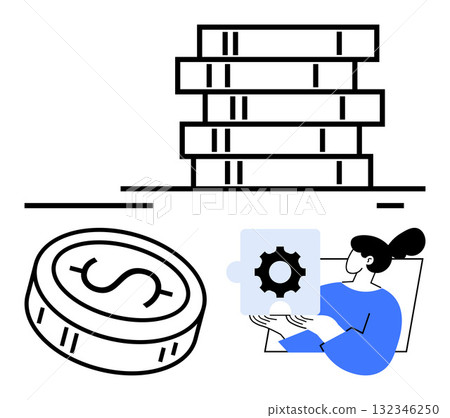Person holding gear puzzle piece, large coin with dollar sign, stacked blocks. Ideal for financial strategies, solution development, teamwork, investment planning, business growth, problem solving 132346250