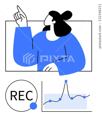 Person pointing with blue-shirted arm recording icon line graph with blue points. Ideal for technology, creativity, analytics, media, growth, digital art, innovation. Line metaphor Person pointing with blue-shirted arm recording icon line graph with blue points. Ideal for technology, creativity, analytics, media, growth, digital art, innovation. Line metaphor 132346251