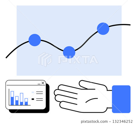 Graph with blue nodes, a bar chart on a webpage, and a hand extended. Ideal for business, management, finance, data analysis, teamwork growth visualization responsibility. Line metaphor 132346252