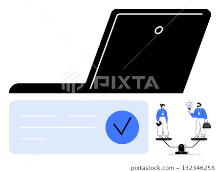 Balanced scales with male and female professionals and laptop. Ideal for gender equality, workplace balance, business concepts, professional equality, digital work, employment themes, career balance 132346258