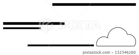 Black horizontal lines of varying lengths and a single cloud outline. Ideal for abstract art, minimalism, weather graphics, presentations, web design, modern decor, educational purposes. Line Black horizontal lines of varying lengths and a single cloud outline. Ideal for abstract art, minimalism, weather graphics, presentations, web design, modern decor, educational purposes. Line 132346260