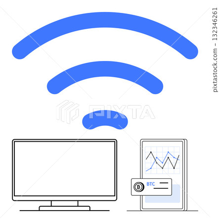 Large blue wireless symbol above computer monitor and smartphone showing Bitcoin graph. Ideal for technology, finance, cryptocurrency, networking, internet, trading, wireless connections. Line Large blue wireless symbol above computer monitor and smartphone showing Bitcoin graph. Ideal for technology, finance, cryptocurrency, networking, internet, trading, wireless connections. Line 132346261
