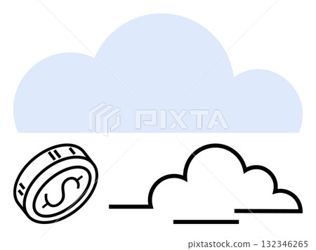 Coin with dollar sign beside two clouds, one blue and one outlined. Ideal for finance, economy, cloud services, investment, savings, technology wealth management. Line metaphor Coin with dollar sign beside two clouds, one blue and one outlined. Ideal for finance, economy, cloud services, investment, savings, technology wealth management. Line metaphor 132346265