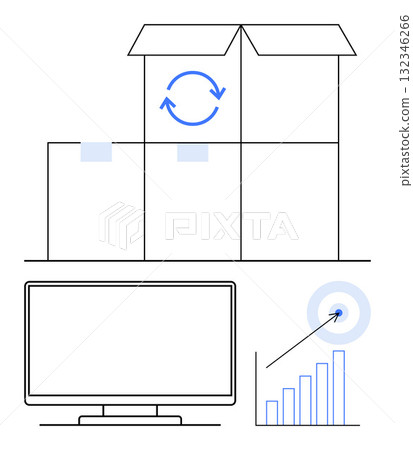 Shipping boxes with recycling symbol next to computer screen and growth chart with a target. Ideal for logistics, data management, business growth, recycling processes, statistics, e-commerce 132346266