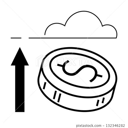 Upward arrow, coin with dollar sign, and cloud icon. Ideal for finance, cloud computing, investment, economic trends, digital marketing technology and business growth themes. Line metaphor 132346282