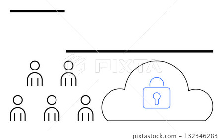 Simplified people symbols and locked cloud icon emphasize data security, group collaboration, privacy, and digital protection. Ideal for teamwork, cloud storage, access control, online safety 132346283