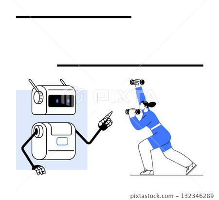 Robot with antennae instructs woman performing lunges with dumbbells. Ideal for fitness training exercise, robotics, technology, health, guidance. Black, white, blue colors. Line metaphor Robot with antennae instructs woman performing lunges with dumbbells. Ideal for fitness training exercise, robotics, technology, health, guidance. Black, white, blue colors. Line metaphor 132346289