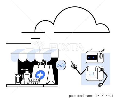 Pharmacy storefront shopping bag with medical cross, robot assistant, cloud symbol. Ideal for healthcare technology, robotics, AI, online pharmacy, 247 services, medication delivery, telehealth 132346294