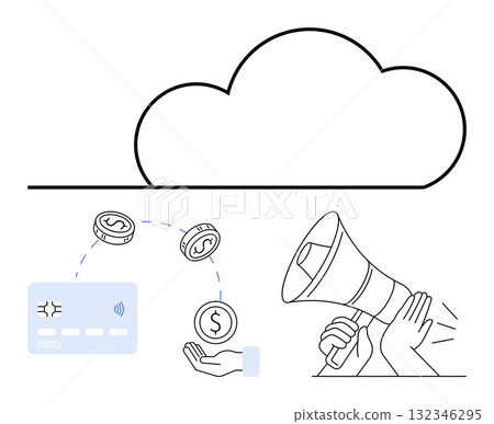 Cloud storage, hand with credit card, dollar coins, and megaphone. Ideal for digital marketing, advertising, e-commerce, online payments cloud computing fintech and business solutions. Line Cloud storage, hand with credit card, dollar coins, and megaphone. Ideal for digital marketing, advertising, e-commerce, online payments cloud computing fintech and business solutions. Line 132346295