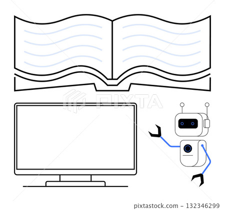 Robot presenting an open book with wavy lines and a blank TV screen. Ideal for education, technology, e-learning, digital content, AI integration, remote learning, knowledge sharing. Line metaphor 132346299