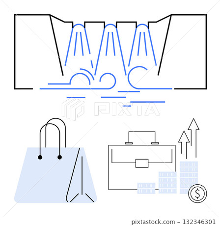 Waterfall, shopping bag, briefcase, and financial growth objects representing business and e-commerce success. Ideal for e-commerce, retail, finance, business growth, investment shopping digital Waterfall, shopping bag, briefcase, and financial growth objects representing business and e-commerce success. Ideal for e-commerce, retail, finance, business growth, investment shopping digital 132346301