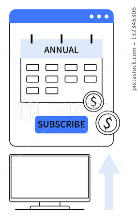 Web interface showing an annual subscription calendar with currency icons and subscription button. Includes desktop computer and upward arrow. Ideal for subscription services, e-commerce, digital 132346306