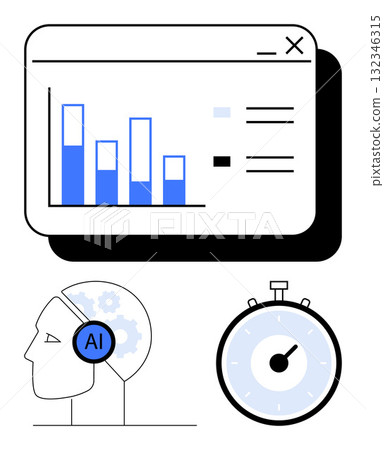 Chart with blue bars in a window, AI symbol inside a human head gear, and stopwatch. Ideal for data analysis, artificial intelligence, time management, technology, productivity, efficiency 132346315