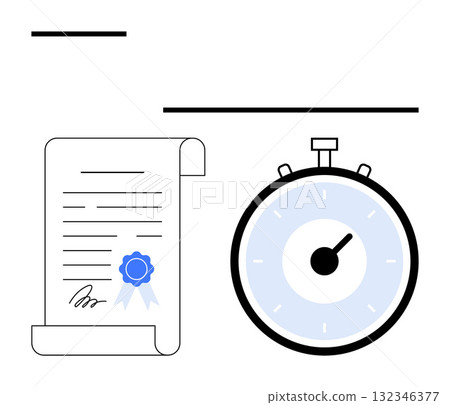 Certificate document with blue ribbon on the left, stopwatch with blue face and black accents on right, thin black lines. Ideal for achievement, success, certification, punctuality, deadlines, goals Certificate document with blue ribbon on the left, stopwatch with blue face and black accents on right, thin black lines. Ideal for achievement, success, certification, punctuality, deadlines, goals 132346377