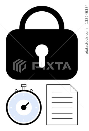 Black lock blue timer and document with lines. Ideal for security, confidentiality, time management, protection, deadlines, privacy, data protection. Line metaphor Black lock blue timer and document with lines. Ideal for security, confidentiality, time management, protection, deadlines, privacy, data protection. Line metaphor 132346384
