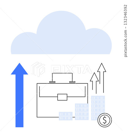 Briefcase surrounded by stacks of coins, upward arrows, a cloud, and large blue arrow pointing up. Ideal for business growth, finance, cloud computing, strategy investments economy success. Line Briefcase surrounded by stacks of coins, upward arrows, a cloud, and large blue arrow pointing up. Ideal for business growth, finance, cloud computing, strategy investments economy success. Line 132346392