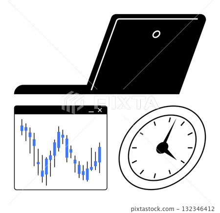 Laptop with open screen, stock market chart with blue trend lines, and clock showing time. Ideal for financial analysis, trading platforms, business strategy, time management, productivity, workflow 132346412