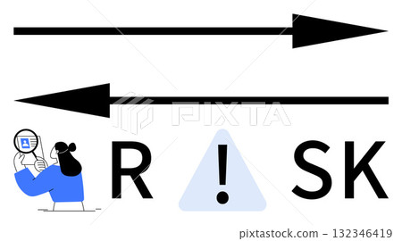 Two arrows, person examining a document with magnifying glass, word RSK with exclamation mark in a triangle. Ideal for business, strategy, finance, decision-making, management, warning analysis Two arrows, person examining a document with magnifying glass, word RSK with exclamation mark in a triangle. Ideal for business, strategy, finance, decision-making, management, warning analysis 132346419
