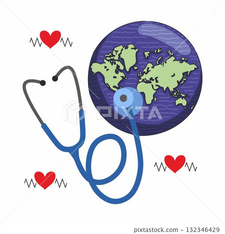 World health day concept, 7 April, background vector. Hand drawn comic doodle style of earth, heart, stethoscope. Design for web, banner, campaign, social media post. World health day concept, 7 April, background vector. Hand drawn comic doodle style of earth, heart, stethoscope. Design for web, banner, campaign, social media post. 132346429
