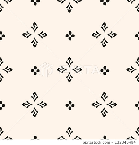 Simple minimalist floral pattern. Minimal seamless texture with small flower shapes. Abstract black and white geometric background. For print, package 132346494