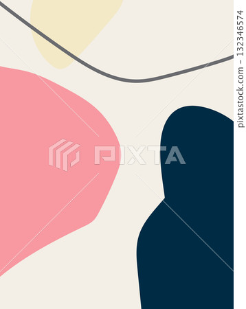 Bold organic shapes in navy, pink, and yellow with a soft gray line on a cream background. 132346574