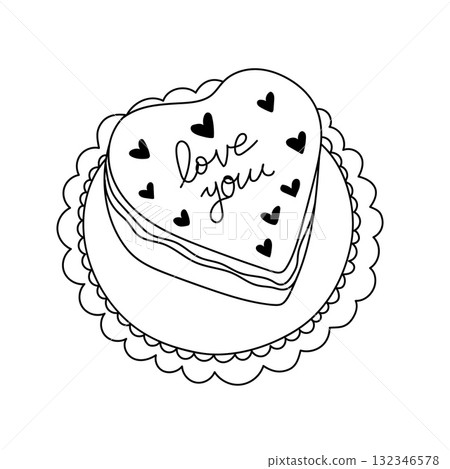 Hand-drawn heart-shaped cake with small hearts and love you text on a decorative plate. 132346578