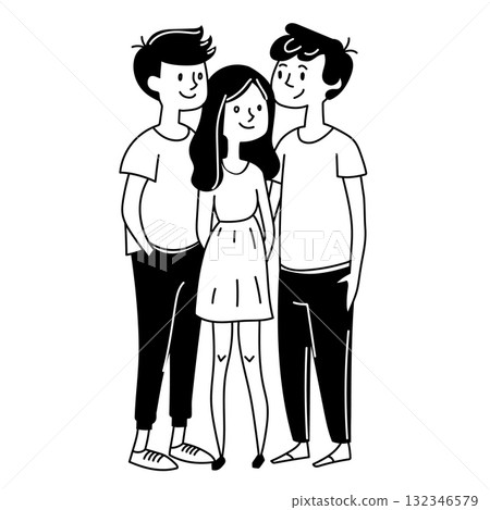Cartoon-style illustration of two boys and a girl smiling and standing side by side in casual clothes. Cartoon-style illustration of two boys and a girl smiling and standing side by side in casual clothes. 132346579