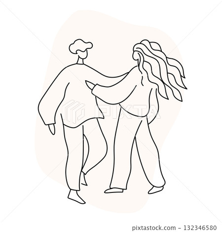 Minimal line drawing of two people standing together, one with flowing hair reaching toward the other. 132346580