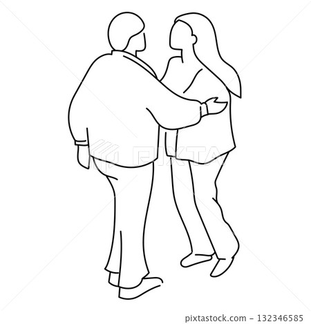Minimal line drawing of a man and woman standing close together in conversation. Minimal line drawing of a man and woman standing close together in conversation. 132346585