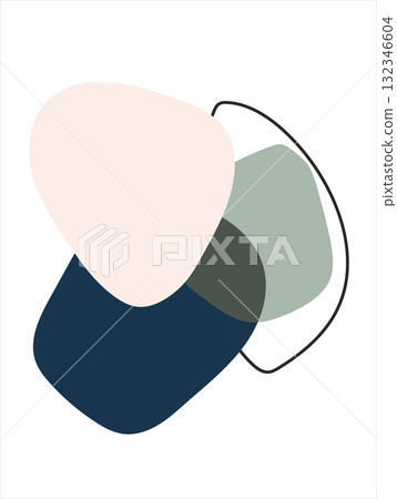 Overlapping abstract shapes in beige, green, and navy outlined with a thin curved black line. Overlapping abstract shapes in beige, green, and navy outlined with a thin curved black line. 132346604