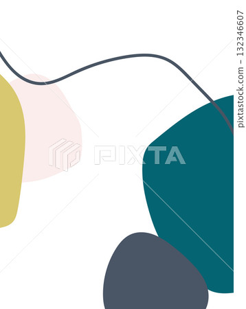 Overlapping geometric forms in teal, yellow, beige, and gray connected by a curved dark line. Overlapping geometric forms in teal, yellow, beige, and gray connected by a curved dark line. 132346607