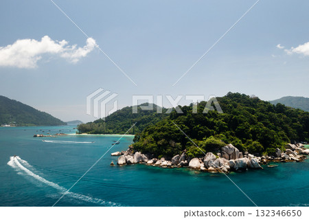 Stunning aerial view of the Perhentian Islands with lush greenery and coral reef on a bright sunny day. Malaysia 132346650