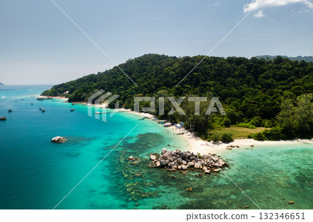 Stunning bird's-eye view of the islands of Perhentian Besar and Kecil with lush greenery and coral reefs on a bright sunny day. Malaysia 132346651